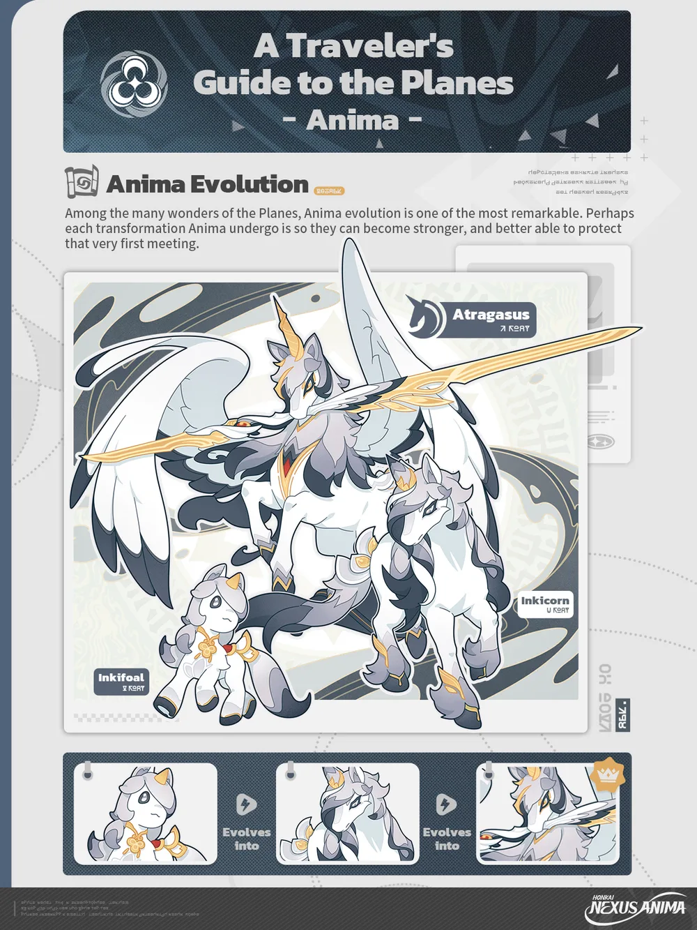 Official Honkai: Nexus Anima evolution chart — Inkifoal evolves into Inkicorn, then into the winged Atragasus
